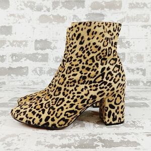 Halogen Leopard Print Calf Hair Side Zip Almond Toe Block Heel Ankle Boots B509